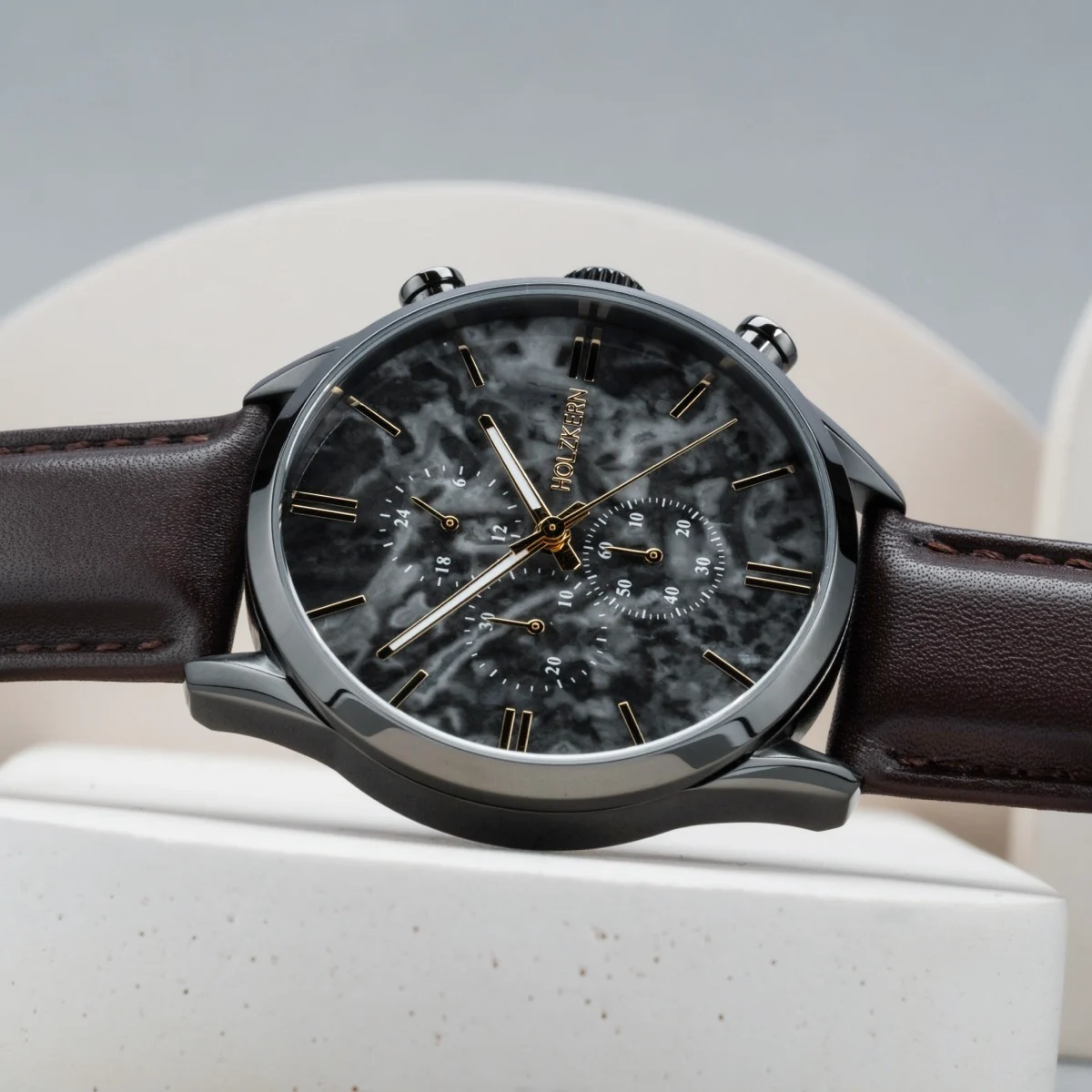 Holzkern Herrenuhr Gifted Grauer Marmor/Dunkelbraun