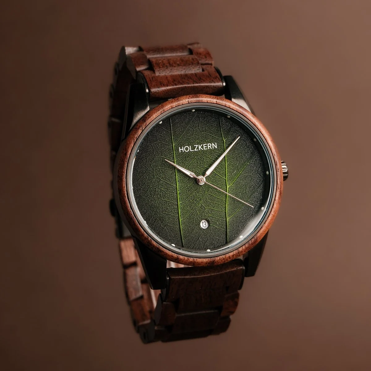 Holzkern Herrenuhr Edisto Walnuss/Blatt