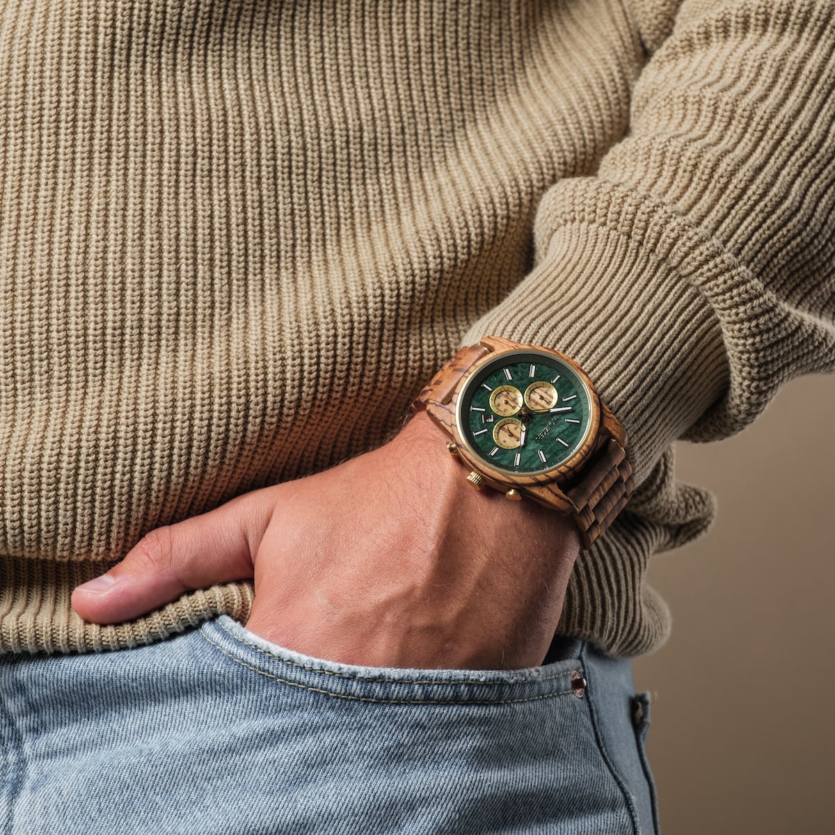 Holzkern Herrenuhr Chronograph Blätterdach Zebrano/Marmor