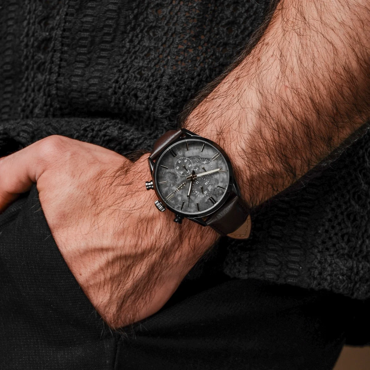 Holzkern Herrenuhr Gifted Grauer Marmor/Dunkelbraun